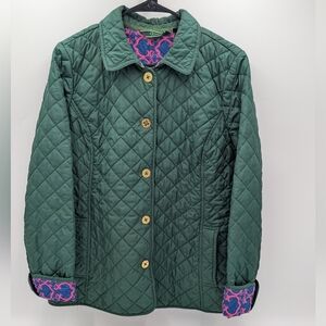 C. Wonder Quilted Barn Jacket Medium Hunter Green Gold Button Equestrian Preppy